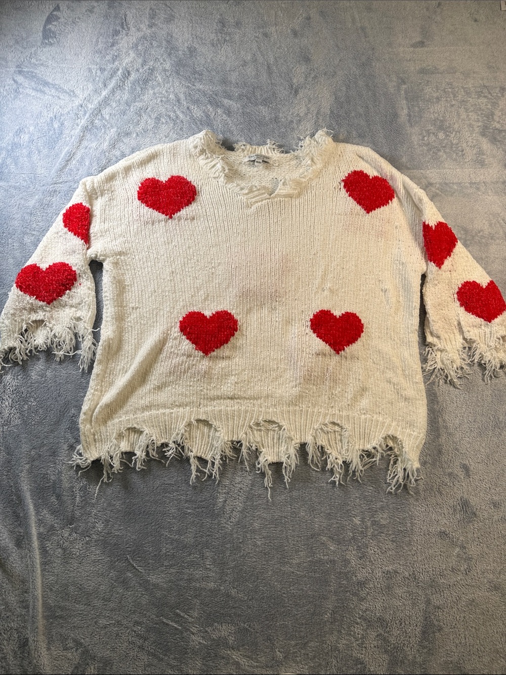 Chicsoul Womens Cream Red Heart Distressed V-Neck Sweater Plus Size 1XL/2XL
